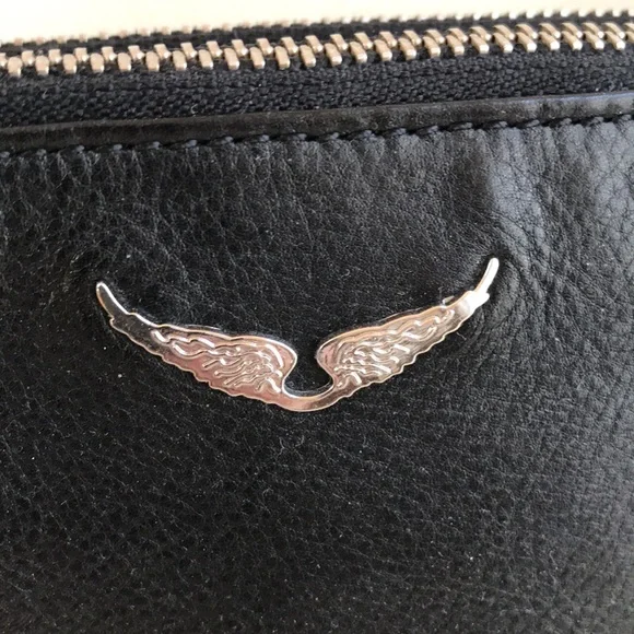Zadig & Voltaire black leather crossbody bag silver wings logo 2 zipper pouches - Picture 3 of 8